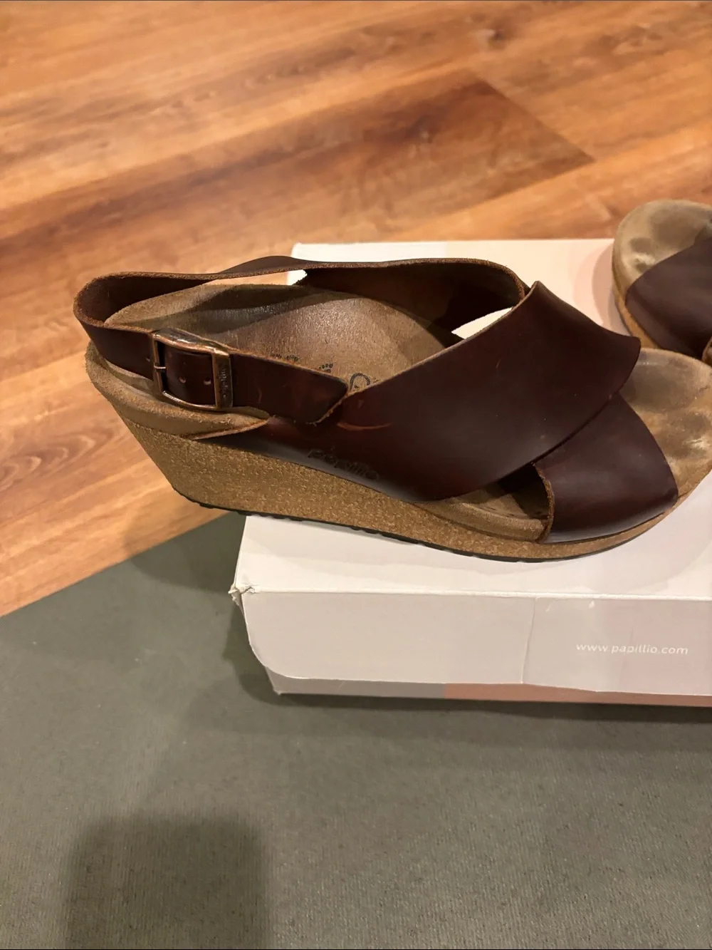Papillio Brown Leather Crisscross Wedge Sandals